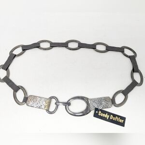 Vtg Sandy Duftler Chain Hip Belt Metallic Silver Leather Elastic Horsebit Sz XL